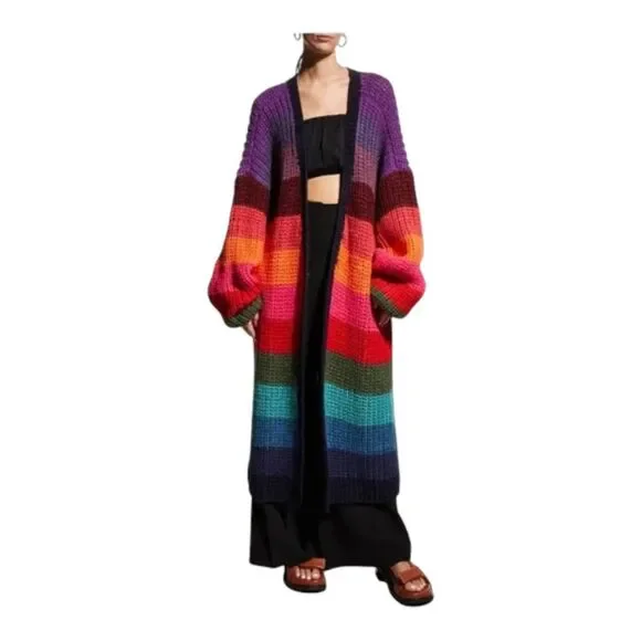 Farm Rio Chunky Wool Rainbow Cardigan Sweater Long Line Oversized Medium Large - Picture 2 of 7